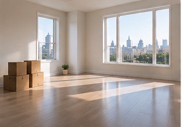 Empty sunlit room with moving boxes and freshly cleaned wood floors