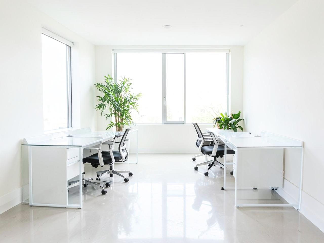 Bright, spotless small office with clear desks and polished floors